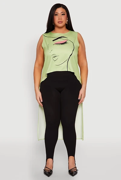 Womens Plus Size Face Print Sleeveless High Low Maxi Top, Green, Size 2X