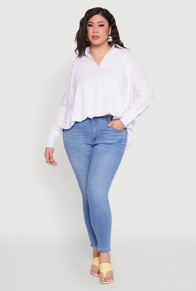 Womens Plus Size Johnny Collar Long Sleeve Shirt, White, Size 2X