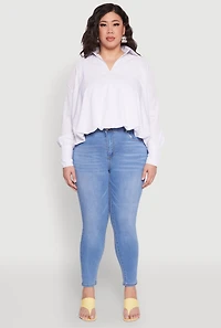 Womens Plus Size Johnny Collar Long Sleeve Shirt, White, Size 2X