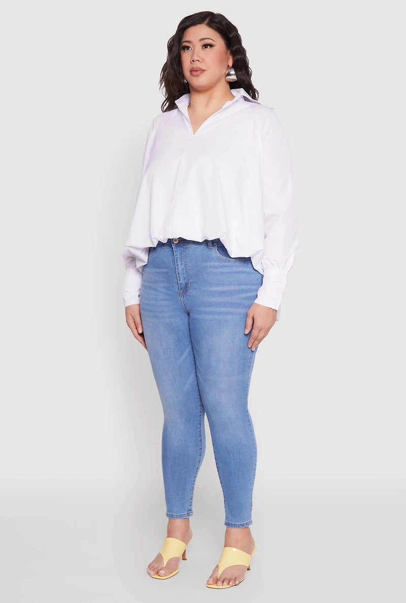 Womens Plus Size Johnny Collar Long Sleeve Shirt, White, Size 2X