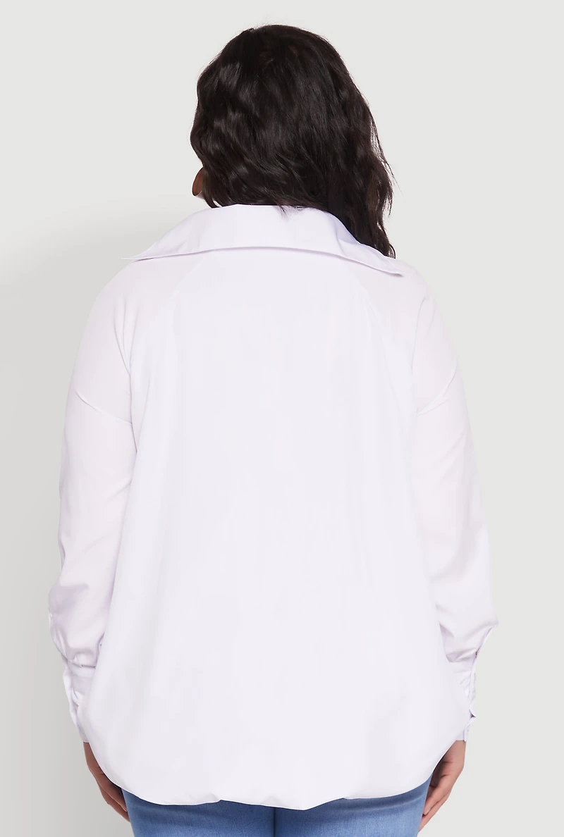 Womens Plus Size Johnny Collar Long Sleeve Shirt, White, Size 2X