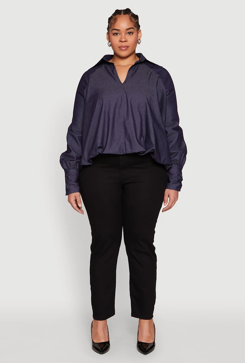 Plus Chambray Bubble Hem Blouse
