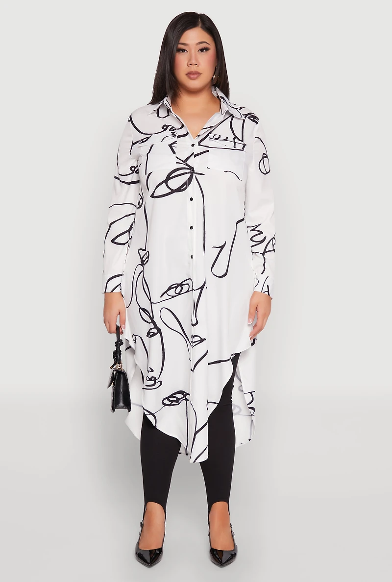 Womens Plus Size Abstract Faces Button Front Maxi Top, White, Size 3X