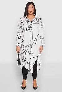 Womens Plus Size Abstract Faces Button Front Maxi Top, White, Size 3X