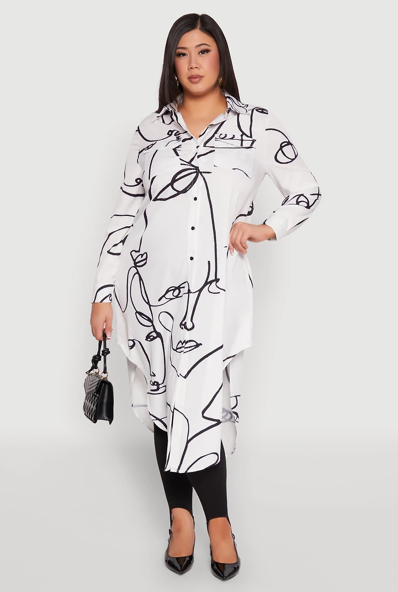 Womens Plus Size Abstract Faces Button Front Maxi Top, White, Size 3X