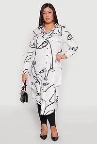 Womens Plus Size Abstract Faces Button Front Maxi Top, White, Size 3X