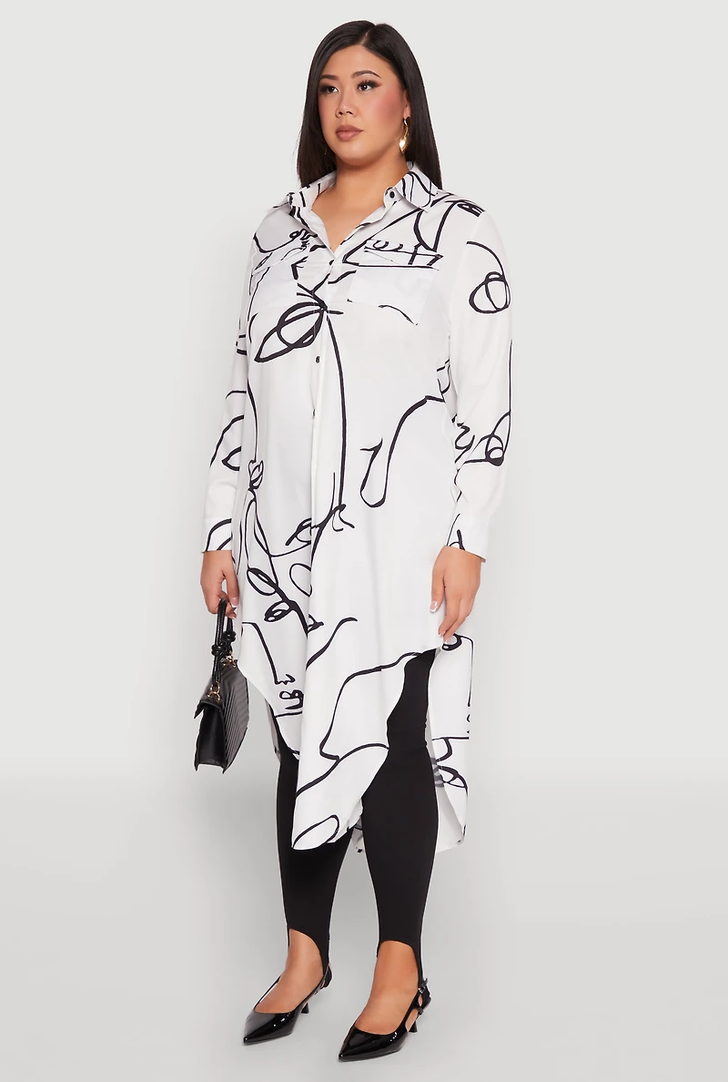 Womens Plus Size Abstract Faces Button Front Maxi Top, White, Size 3X