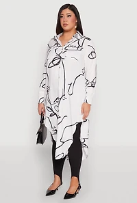 Womens Plus Size Abstract Faces Button Front Maxi Top, White, Size 3X