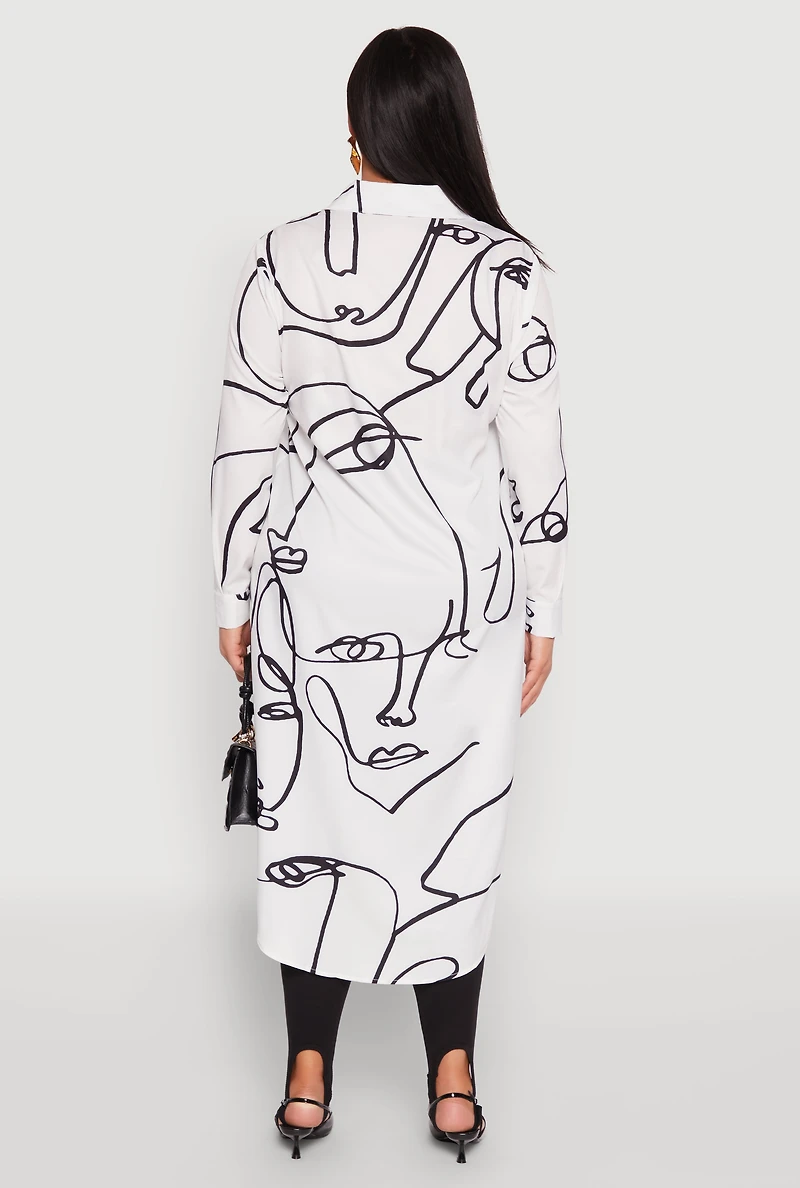 Womens Plus Size Abstract Faces Button Front Maxi Top, White, Size 3X