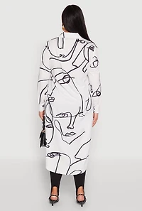 Womens Plus Size Abstract Faces Button Front Maxi Top, White, Size 3X