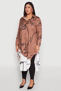 Womens Plus Size Abstract Faces Button Front Maxi Top, Multi, Size 3X