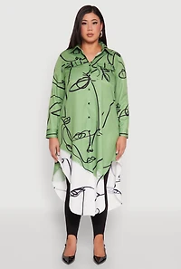 Womens Plus Abstract Faces Button Front Maxi Top, Multi,