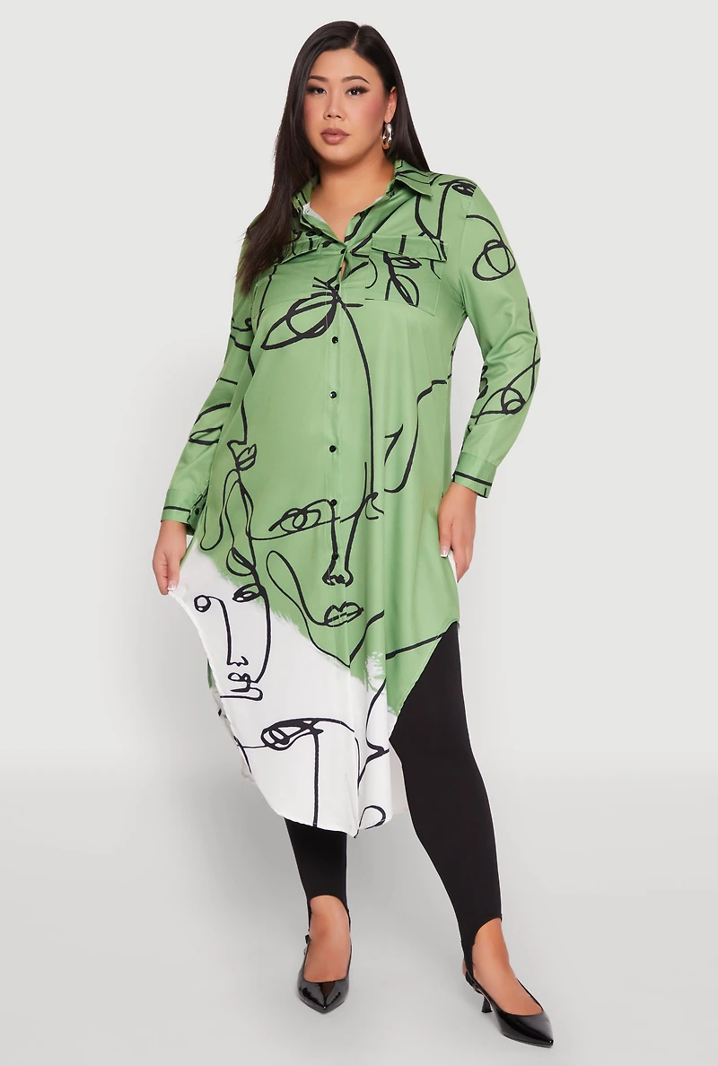 Womens Plus Size Abstract Faces Button Front Maxi Top, Multi, Size 1X