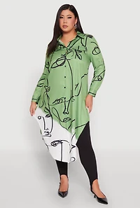 Womens Plus Size Abstract Faces Button Front Maxi Top, Multi, Size 1X