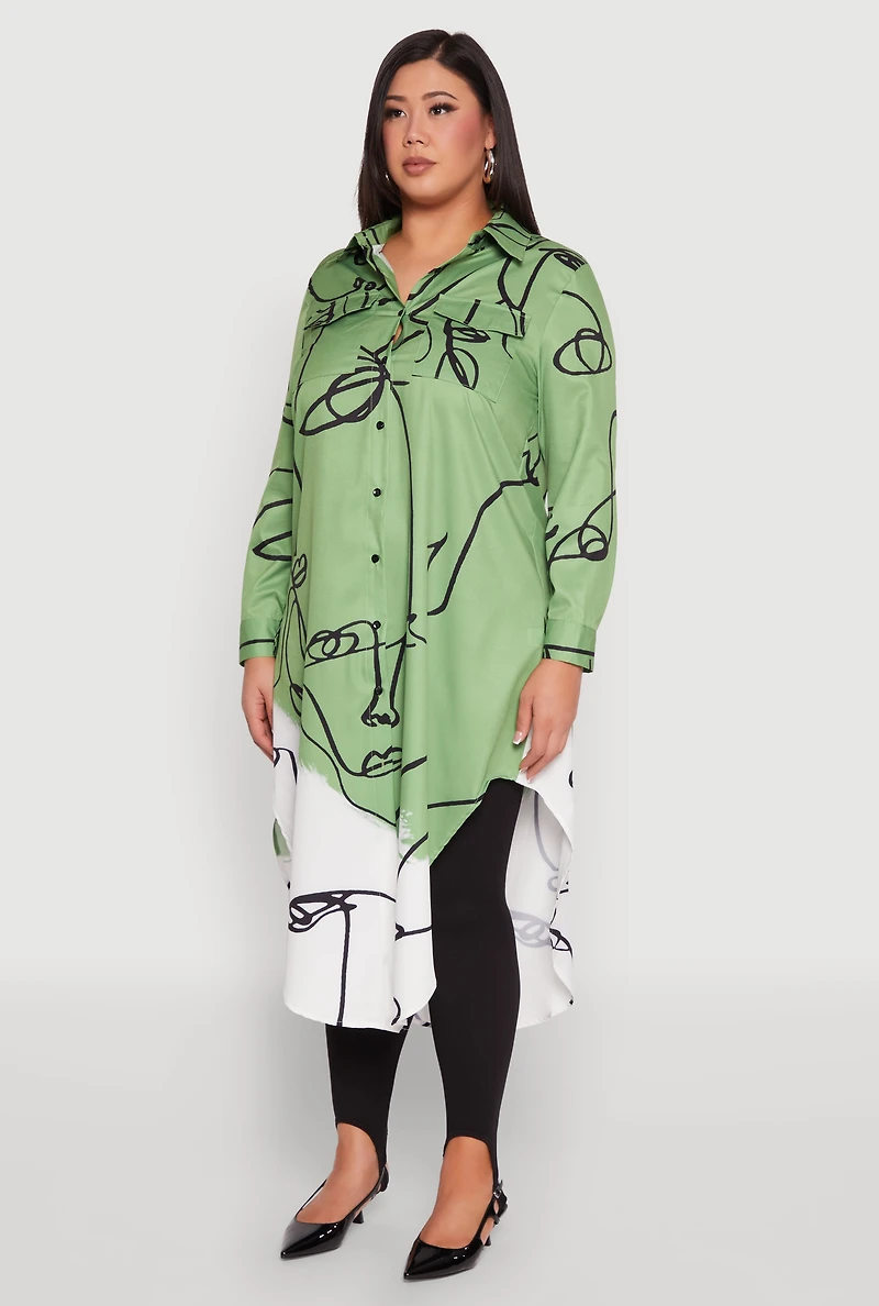 Womens Plus Size Abstract Faces Button Front Maxi Top, Multi, Size 1X