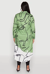 Womens Plus Abstract Faces Button Front Maxi Top, Multi,