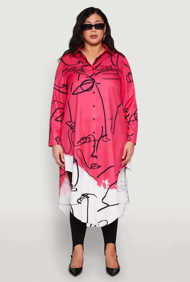 Womens Plus Abstract Faces Button Front Maxi Top,