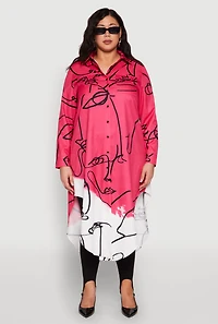 Womens Plus Abstract Faces Button Front Maxi Top,