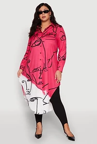 Womens Plus Abstract Faces Button Front Maxi Top, Multi,