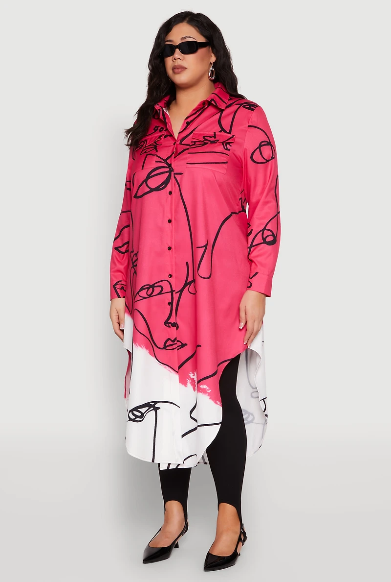 Womens Plus Abstract Faces Button Front Maxi Top,