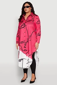 Womens Plus Abstract Faces Button Front Maxi Top,