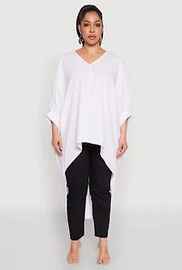 Womens Plus Size High Low Dolman Sleeve Blouse, White, Size 2X