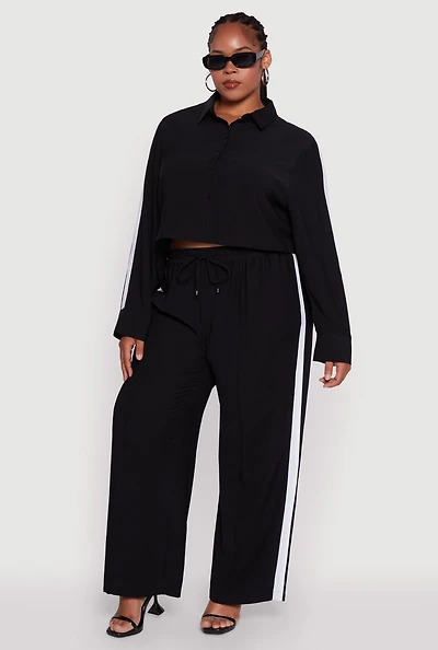 Womens Plus Size Crepe Knit Pintuck Pants with Side Stripe, Black, Size 3X