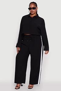Womens Plus Size Crepe Knit Pintuck Pants with Side Stripe, Black, Size 3X