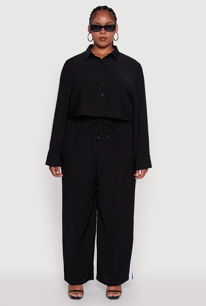 Womens Plus Size Crepe Knit Pintuck Pants with Side Stripe, Black, Size 3X