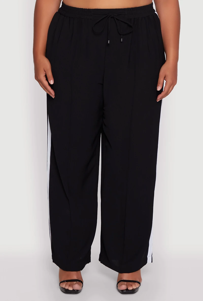 Womens Plus Size Crepe Knit Pintuck Pants with Side Stripe, Black, Size 3X
