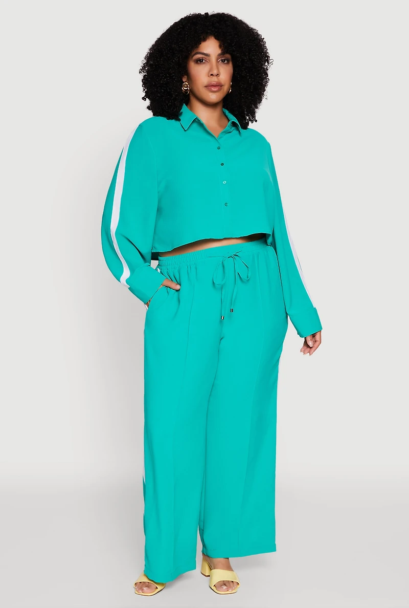 Womens Plus Size Crepe Knit Pintuck Pants with Side Stripe, Green, Size 1X