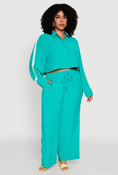 Womens Plus Size Crepe Knit Pintuck Pants with Side Stripe, Green, Size 1X