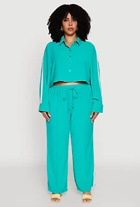 Womens Plus Size Crepe Knit Pintuck Pants with Side Stripe, Green, Size 1X