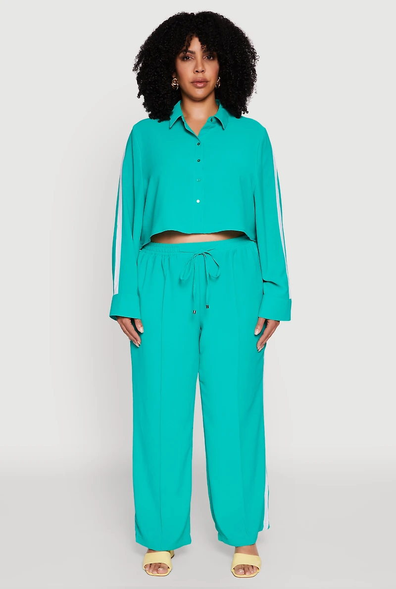 Womens Plus Size Crepe Knit Pintuck Pants with Side Stripe, Green, Size 3X