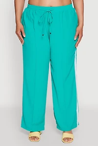 Womens Plus Size Crepe Knit Pintuck Pants with Side Stripe, Green, Size 1X