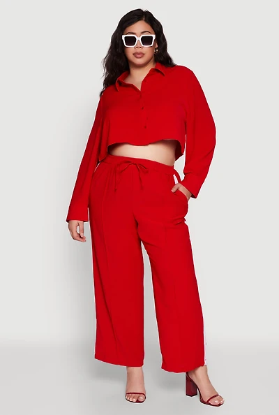 Womens Plus Crepe Knit Pintuck Pants with Side Stripe, Red,