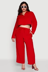 Womens Plus Crepe Knit Pintuck Pants with Side Stripe, Red,