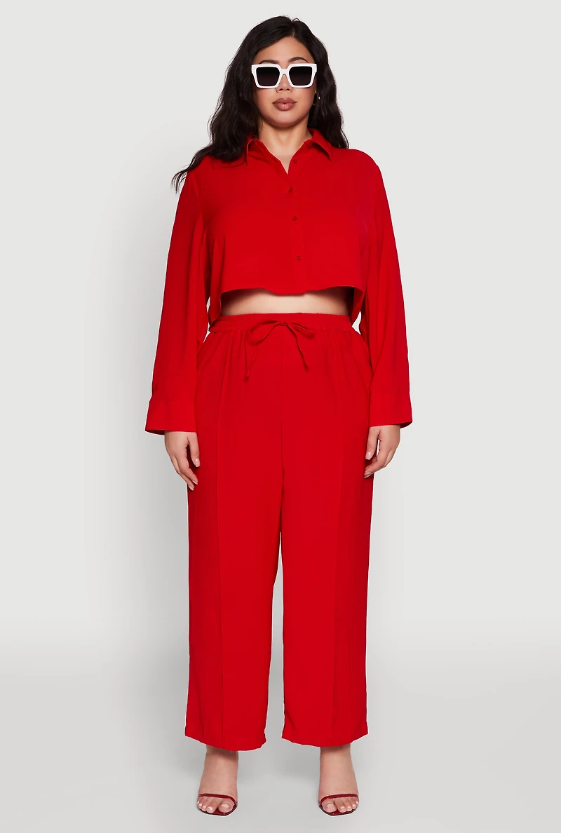 Womens Plus Crepe Knit Pintuck Pants with Side Stripe, Red,