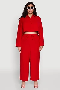 Womens Plus Crepe Knit Pintuck Pants with Side Stripe, Red,