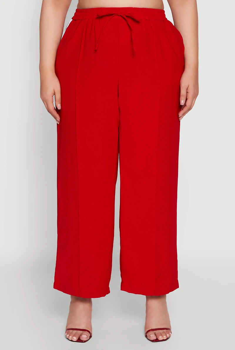 Womens Plus Crepe Knit Pintuck Pants with Side Stripe, Red,
