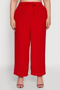 Womens Plus Crepe Knit Pintuck Pants with Side Stripe, Red,