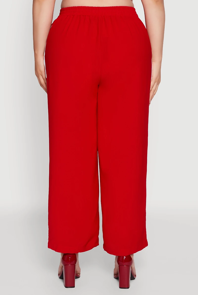 Womens Plus Crepe Knit Pintuck Pants with Side Stripe, Red,