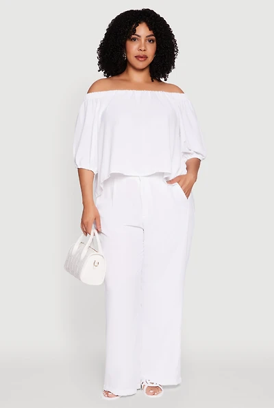 Womens Plus Size Crepe Knit High Waisted Wide Leg Pants, White, Size 2X