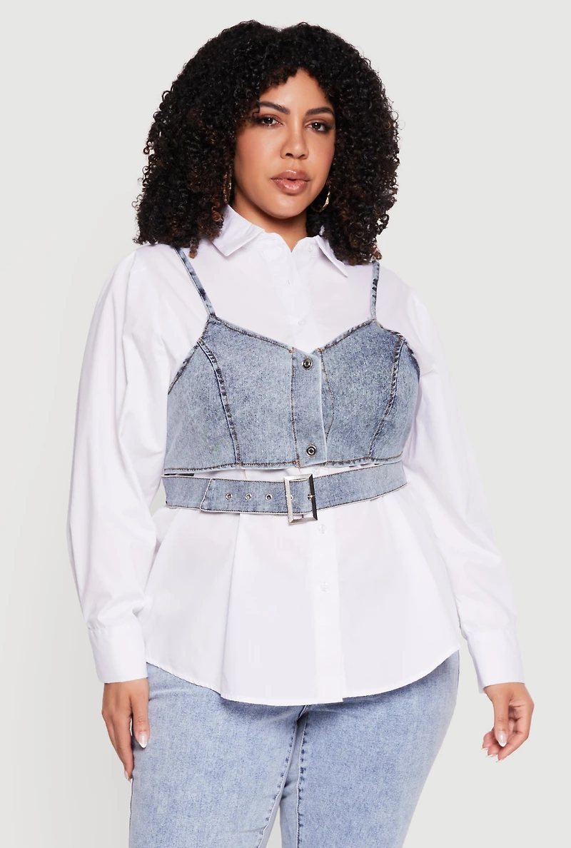 Plus Poplin Long Sleeve Shirt with Denim Corset