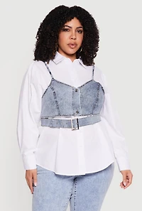 Plus Poplin Long Sleeve Shirt with Denim Corset