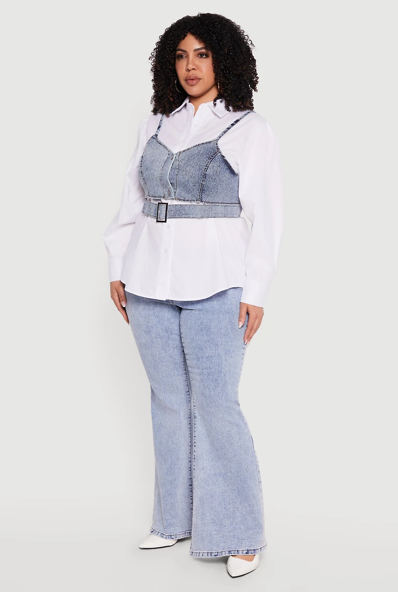 Plus Poplin Long Sleeve Shirt with Denim Corset