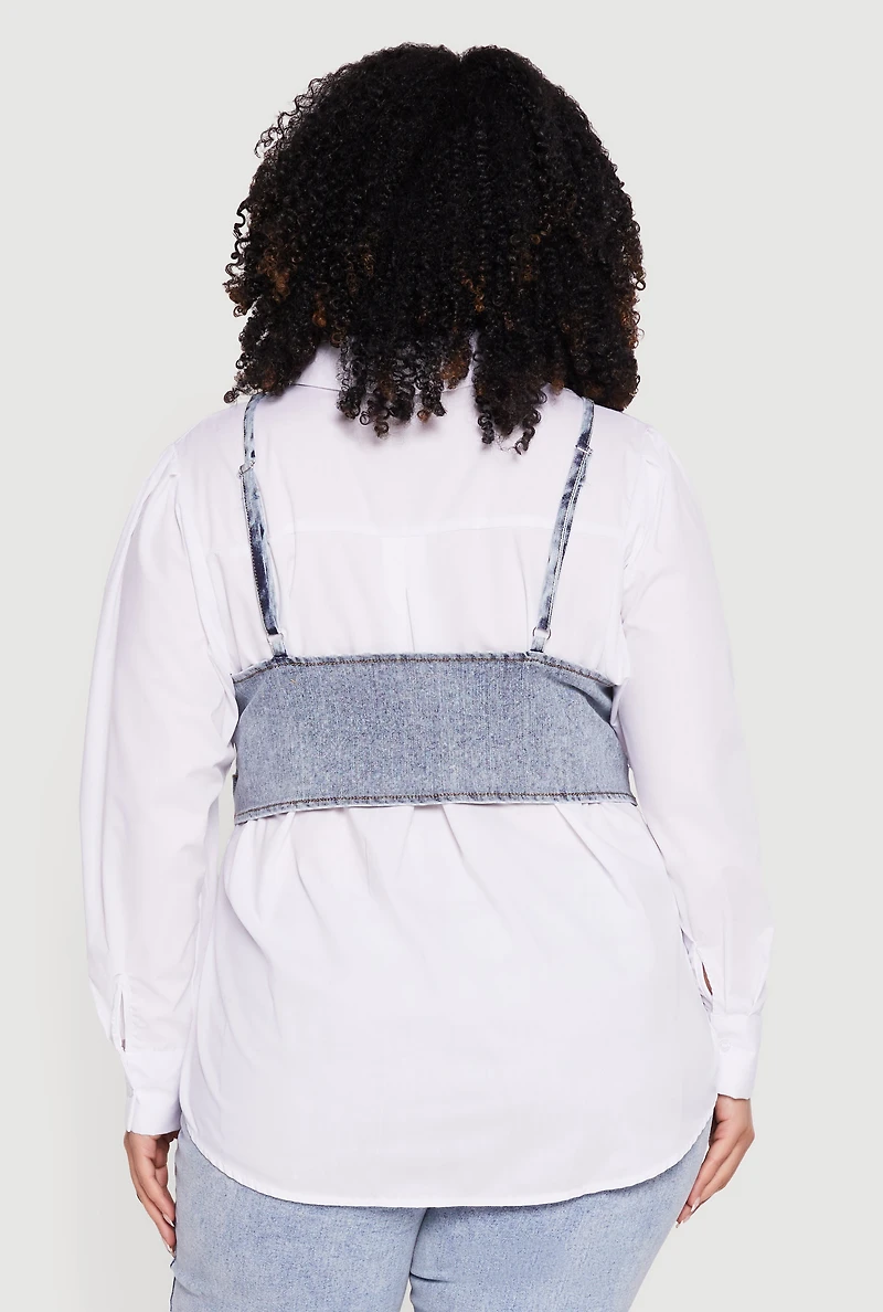 Plus Poplin Long Sleeve Shirt with Denim Corset