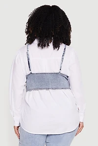 Plus Poplin Long Sleeve Shirt with Denim Corset