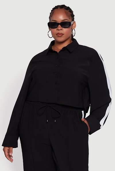 Womens Plus Size Crepe Knit Cropped Shirt with Side Stripe, Black, Size 3X