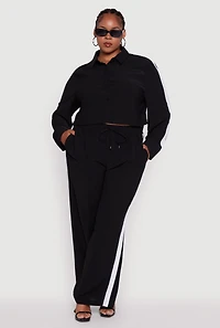 Womens Plus Crepe Knit Cropped Shirt with Side Stripe, 1X